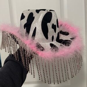 Cow Print Cowboy Hat with Pink Fringe and Gems